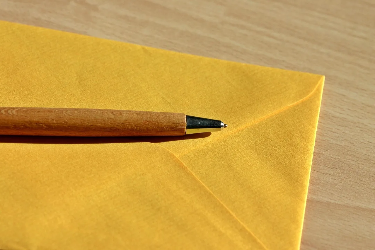 letter, envelope, write, pen, ballpoint pen, post office, yellow, coloured, envelope, envelope, envelope, envelope, envelope